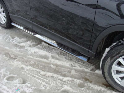 Пороги труба овальная с накладками 75х42 мм ТСС для Mazda CX-5 2011-2015